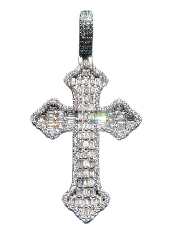 Moissanite Jewelry - Iced Out Moissanite Baguette Cross Pendant 925 Sterling Silver NEW